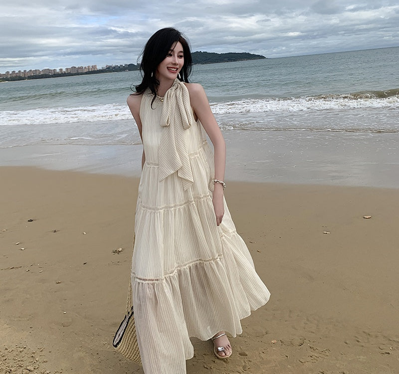 CM-DY000377 Women Trendy Bohemian Style Sleeveless Hollow Stripe Chiffon Maxi Dress