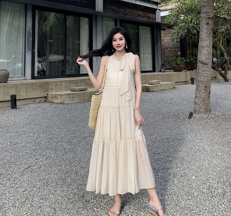CM-DY000377 Women Trendy Bohemian Style Sleeveless Hollow Stripe Chiffon Maxi Dress