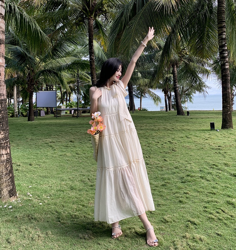 CM-DY000377 Women Trendy Bohemian Style Sleeveless Hollow Stripe Chiffon Maxi Dress