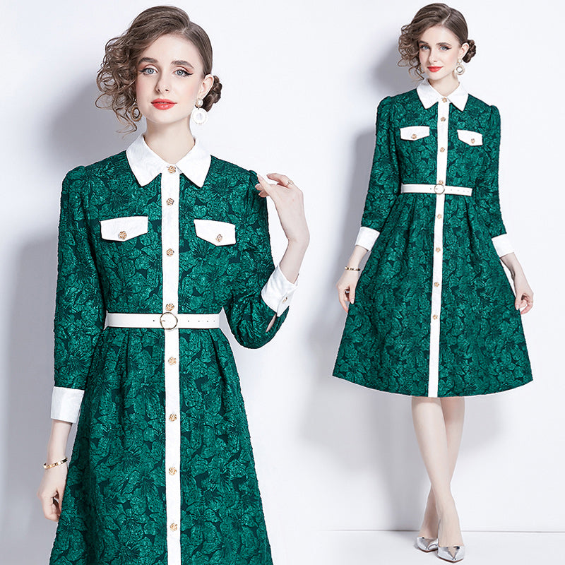 CM-DY000587 Women Elegant European Style Long Sleeve Slim Jacquard Dress - Dark Green