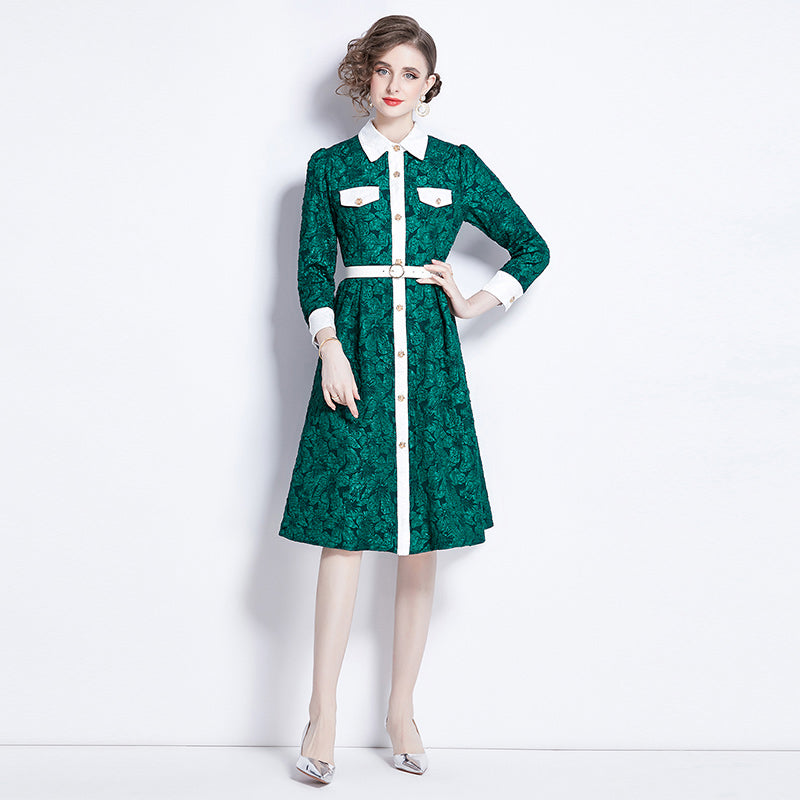 CM-DY000587 Women Elegant European Style Long Sleeve Slim Jacquard Dress - Dark Green