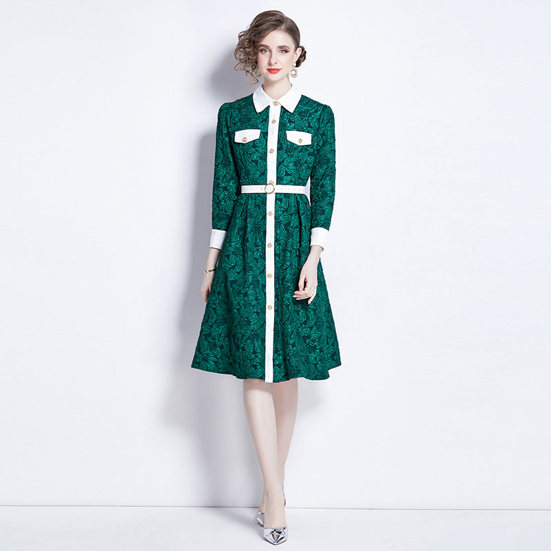 CM-DY000587 Women Elegant European Style Long Sleeve Slim Jacquard Dress - Dark Green