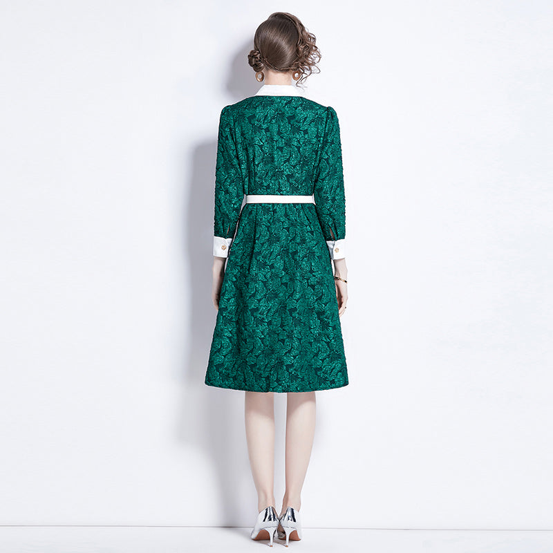 CM-DY000587 Women Elegant European Style Long Sleeve Slim Jacquard Dress - Dark Green