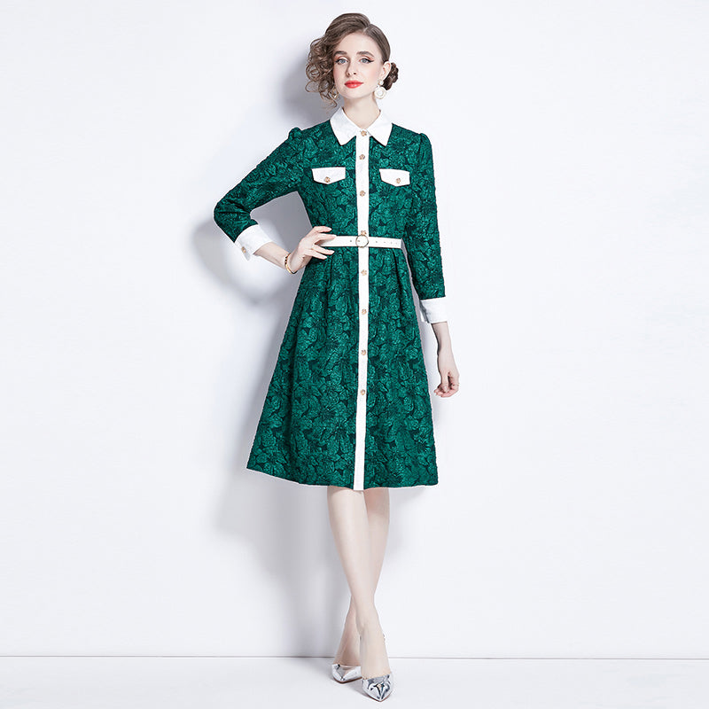 CM-DY000587 Women Elegant European Style Long Sleeve Slim Jacquard Dress - Dark Green