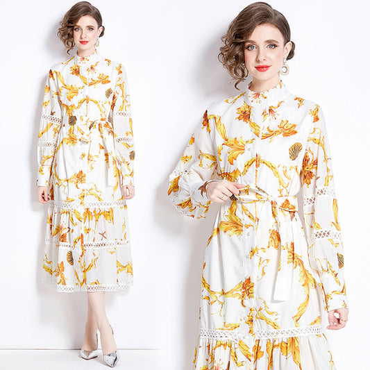 CM-DY000589 Women Elegant European Style Stand Collar Lantern Sleeve Pinched Waist Dress