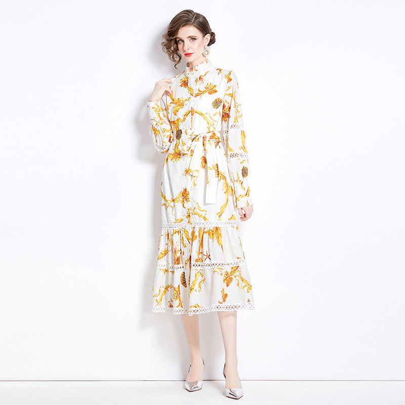 CM-DY000589 Women Elegant European Style Stand Collar Lantern Sleeve Pinched Waist Dress