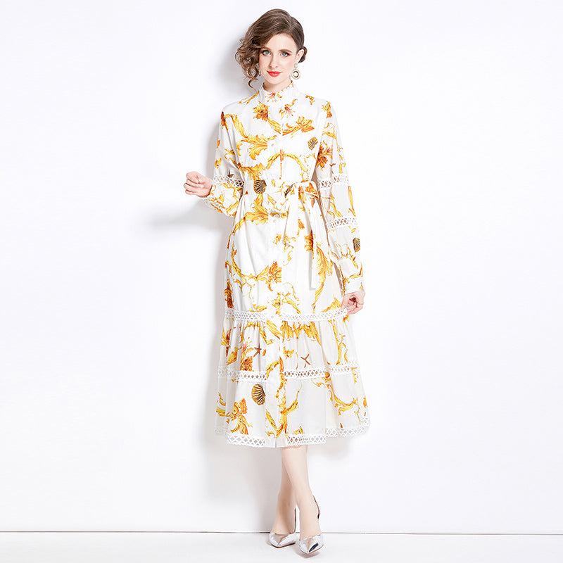 CM-DY000589 Women Elegant European Style Stand Collar Lantern Sleeve Pinched Waist Dress