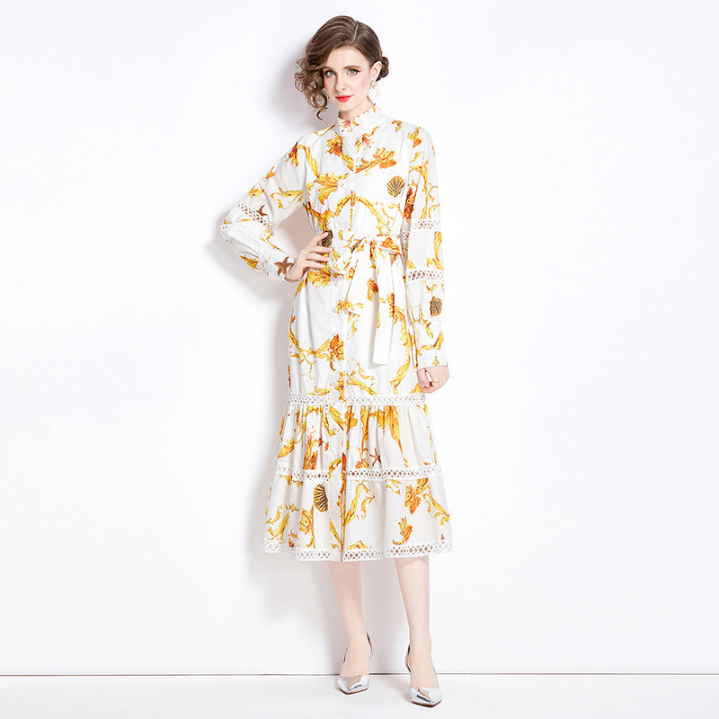 CM-DY000589 Women Elegant European Style Stand Collar Lantern Sleeve Pinched Waist Dress