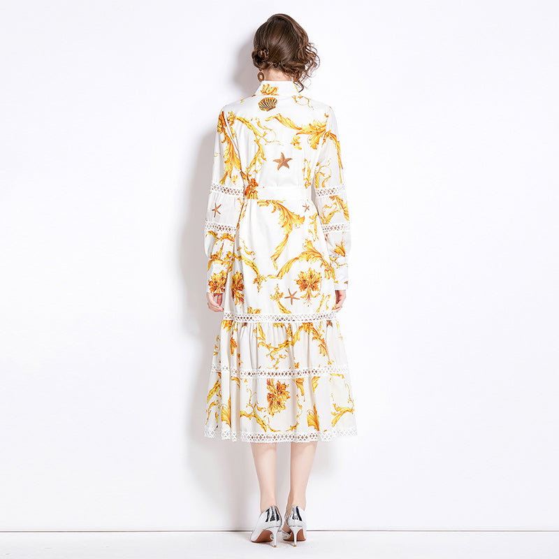 CM-DY000589 Women Elegant European Style Stand Collar Lantern Sleeve Pinched Waist Dress