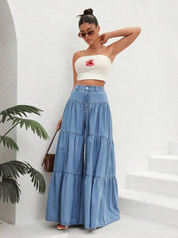CM-BS053530 Women Casual Seoul Style Light Wash High Waist Ruffle Hem Wide Leg Jeans