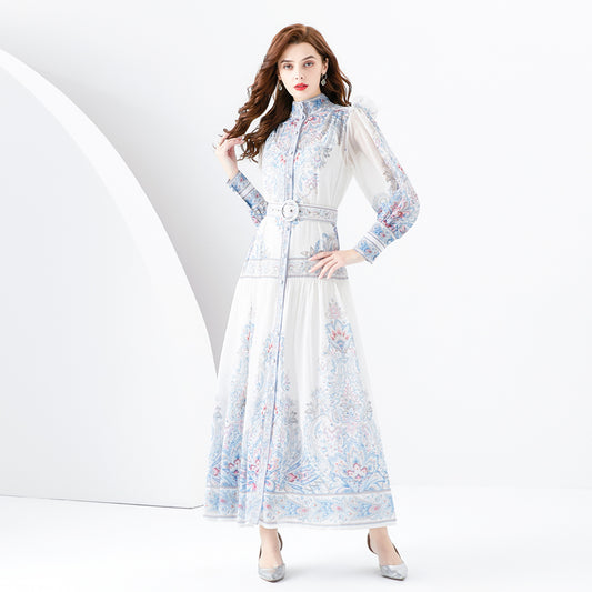 CM-DY001078 Women Elegant European Style Stand Collar Floral Print Maxi Dress - White