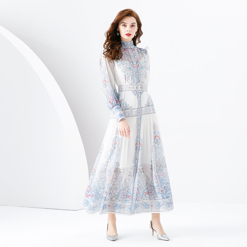 CM-DY001078 Women Elegant European Style Stand Collar Floral Print Maxi Dress - White