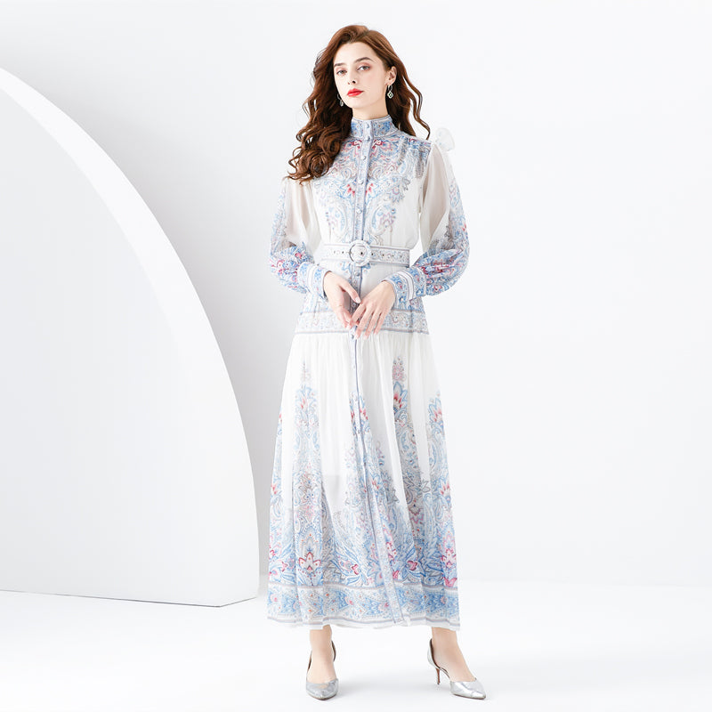 CM-DY001078 Women Elegant European Style Stand Collar Floral Print Maxi Dress - White