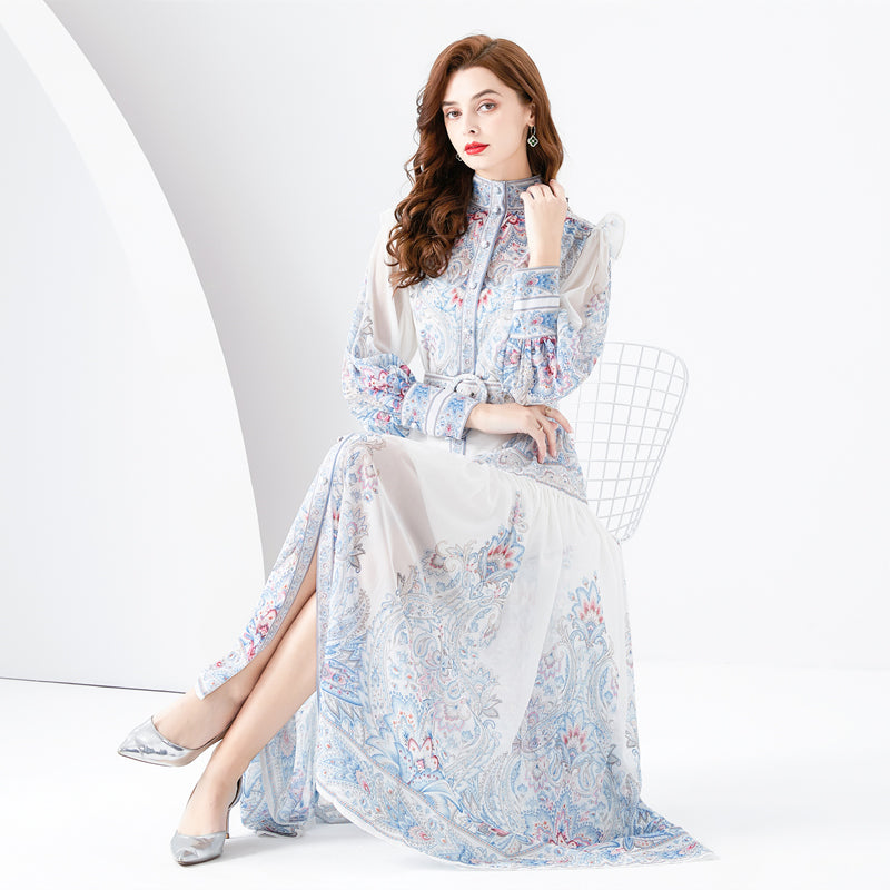 CM-DY001078 Women Elegant European Style Stand Collar Floral Print Maxi Dress - White