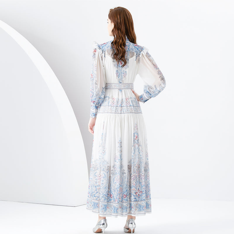 CM-DY001078 Women Elegant European Style Stand Collar Floral Print Maxi Dress - White
