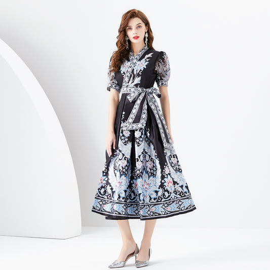 CM-DY001088 Women Elegant Euroepan Style V-Neck Lantern Sleeve Printing Dress - Black