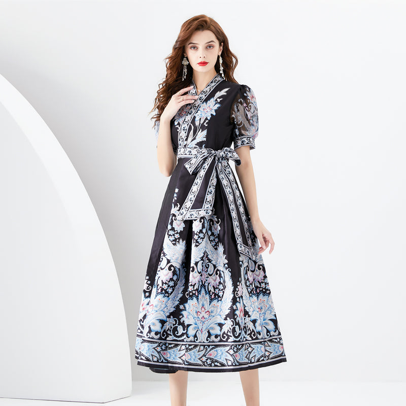 CM-DY001088 Women Elegant Euroepan Style V-Neck Lantern Sleeve Printing Dress - Black