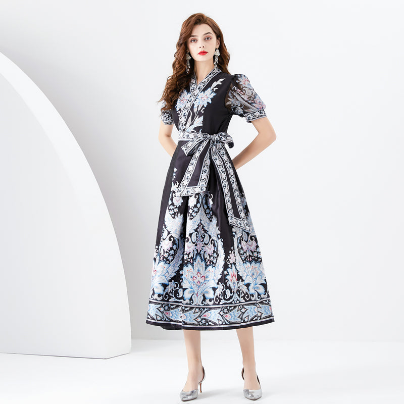 CM-DY001088 Women Elegant Euroepan Style V-Neck Lantern Sleeve Printing Dress - Black
