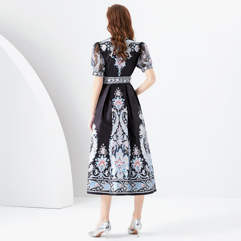 CM-DY001088 Women Elegant Euroepan Style V-Neck Lantern Sleeve Printing Dress - Black