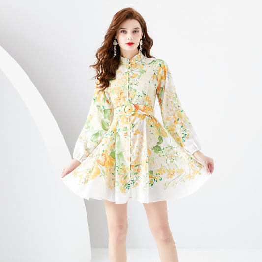 CM-DY001092 Women Elegant European Style Floral Prints Long Sleeve Mini Dress - Yellow