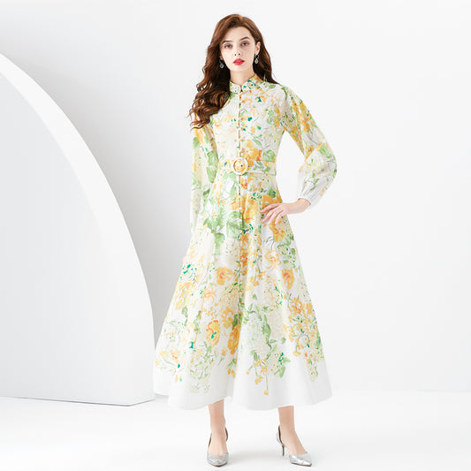 CM-DY001093 Women Elegant European Style Stand Collar Long Sleeve Floral Print Dress