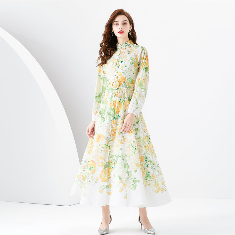 CM-DY001093 Women Elegant European Style Stand Collar Long Sleeve Floral Print Dress