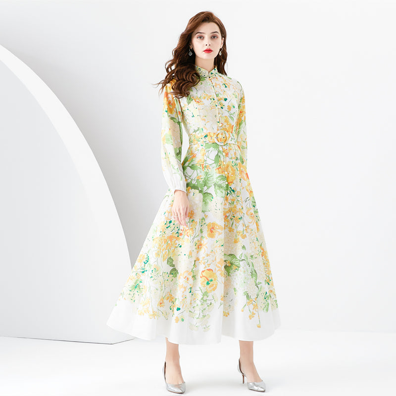 CM-DY001093 Women Elegant European Style Stand Collar Long Sleeve Floral Print Dress