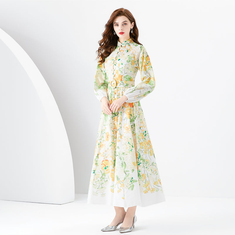 CM-DY001093 Women Elegant European Style Stand Collar Long Sleeve Floral Print Dress