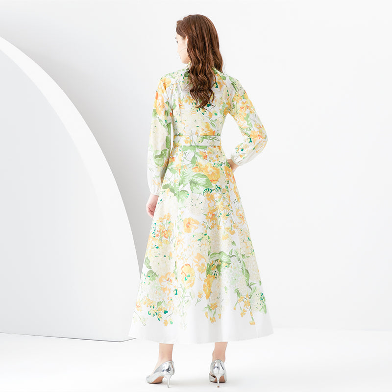 CM-DY001093 Women Elegant European Style Stand Collar Long Sleeve Floral Print Dress