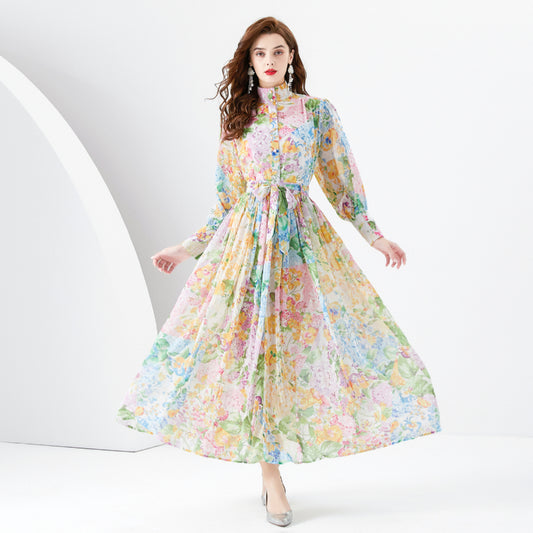 CM-DY001095 Women Retro European Style Floral Print High Collar Long Sleeve Dress