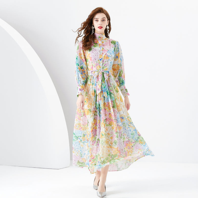 CM-DY001095 Women Retro European Style Floral Print High Collar Long Sleeve Dress