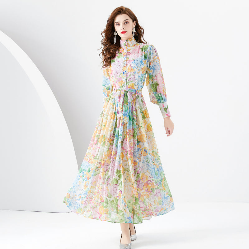 CM-DY001095 Women Retro European Style Floral Print High Collar Long Sleeve Dress