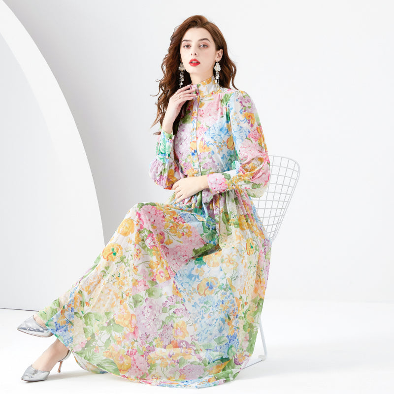 CM-DY001095 Women Retro European Style Floral Print High Collar Long Sleeve Dress