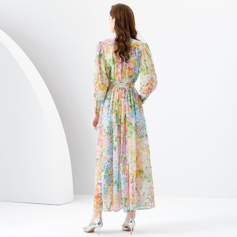 CM-DY001095 Women Retro European Style Floral Print High Collar Long Sleeve Dress