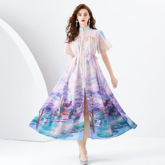 CM-DY001097 Women Elegant European Style Printing Stand Collar Long Sleeve Maxi Dress