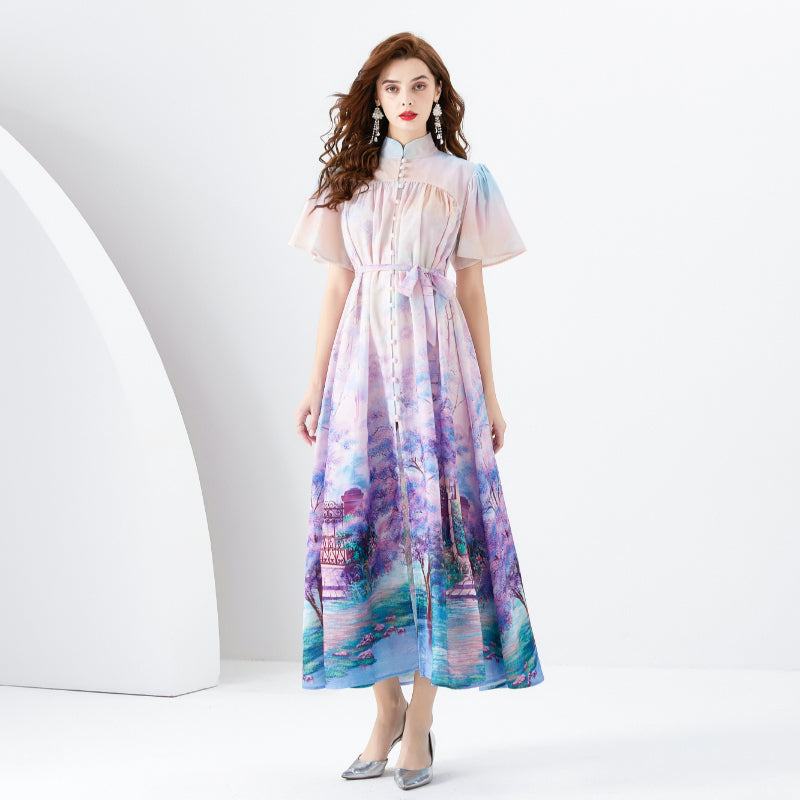 CM-DY001097 Women Elegant European Style Printing Stand Collar Long Sleeve Maxi Dress