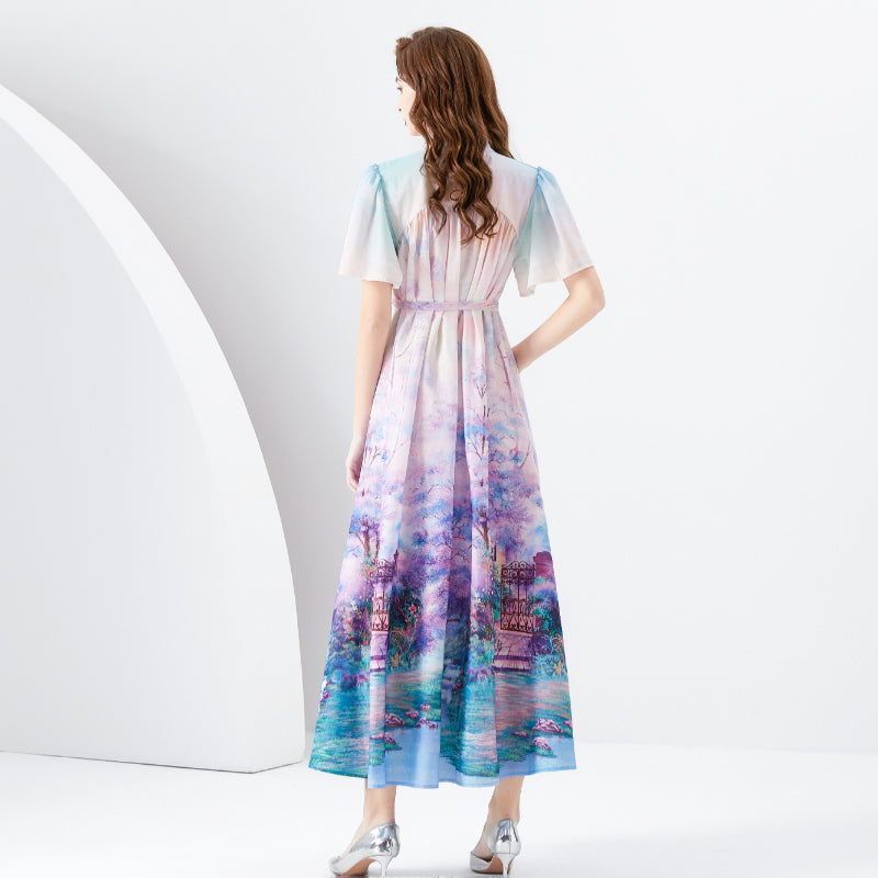 CM-DY001097 Women Elegant European Style Printing Stand Collar Long Sleeve Maxi Dress