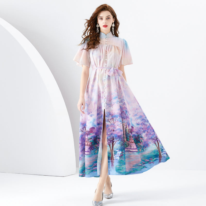 CM-DY001097 Women Elegant European Style Printing Stand Collar Long Sleeve Maxi Dress