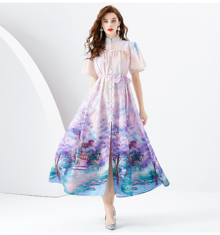 CM-DY001097 Women Elegant European Style Printing Stand Collar Long Sleeve Maxi Dress