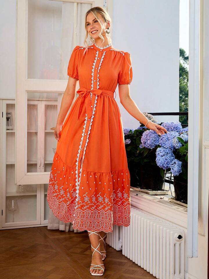 CM-DS097140 Women Elegant Seoul Style Stand Collar Puff Sleeve Embroidery Dress - Orange