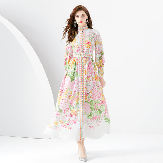 CM-DY001103 Women Retro European Style Stand Collar Long Sleeve Maxi Dress