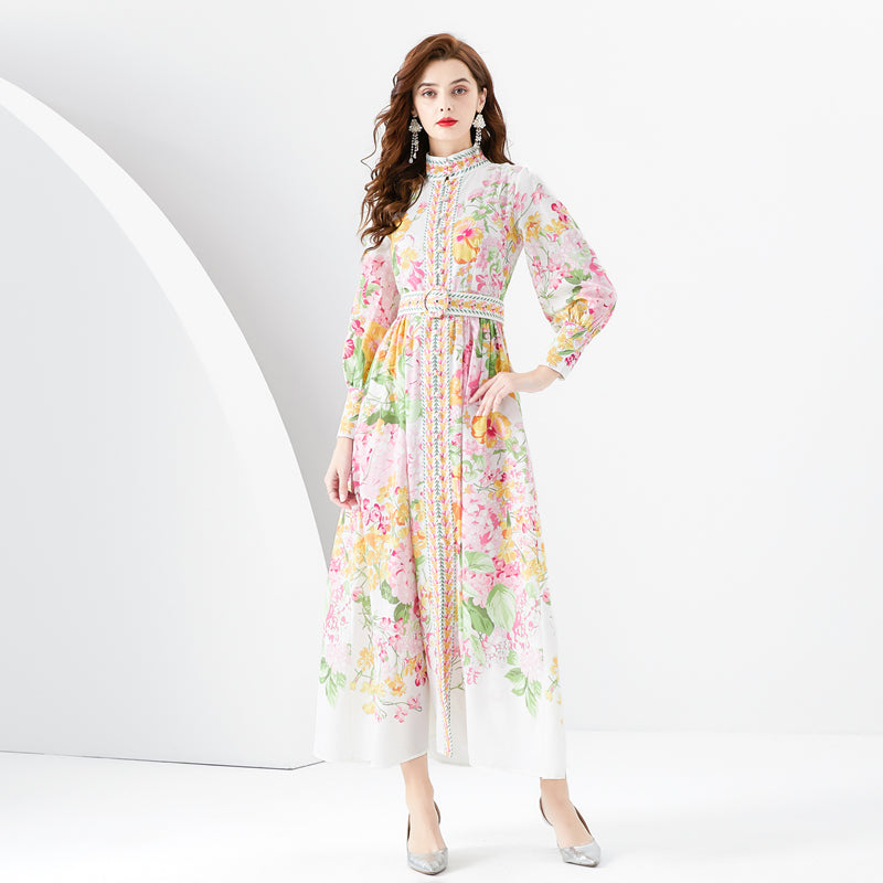 CM-DY001103 Women Retro European Style Stand Collar Long Sleeve Maxi Dress