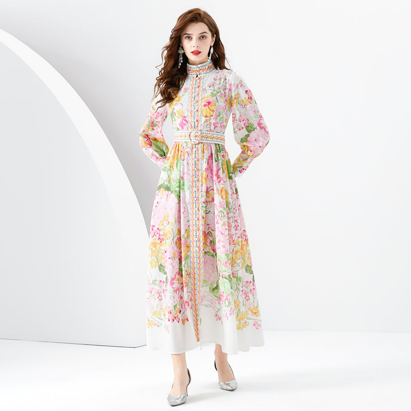 CM-DY001103 Women Retro European Style Stand Collar Long Sleeve Maxi Dress