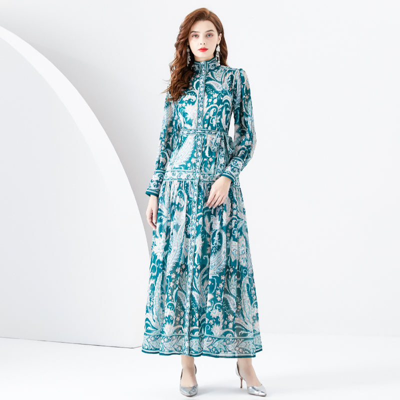 CM-DY001105 Women Retro European Style Stand Collar Lantern Sleeve Maxi Dress