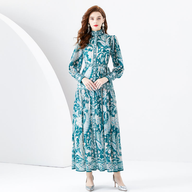 CM-DY001105 Women Retro European Style Stand Collar Lantern Sleeve Maxi Dress