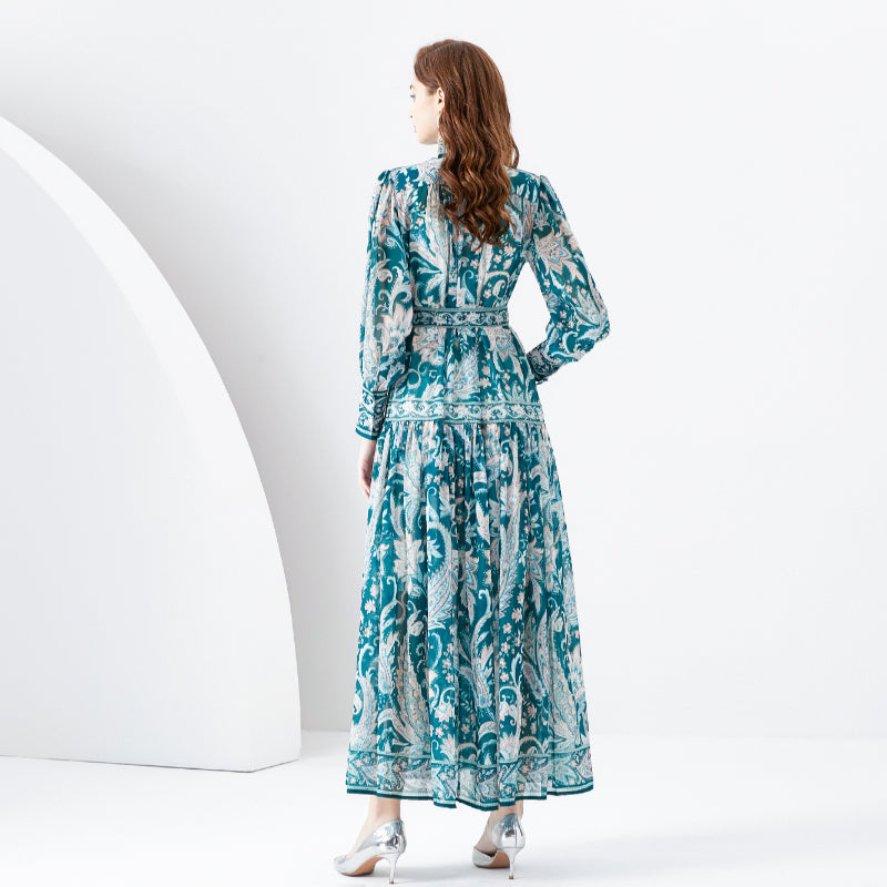CM-DY001105 Women Retro European Style Stand Collar Lantern Sleeve Maxi Dress