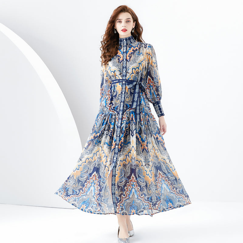 CM-DY001106 Women Retro European Style Stand Collar Lantern Sleeve Maxi Dress