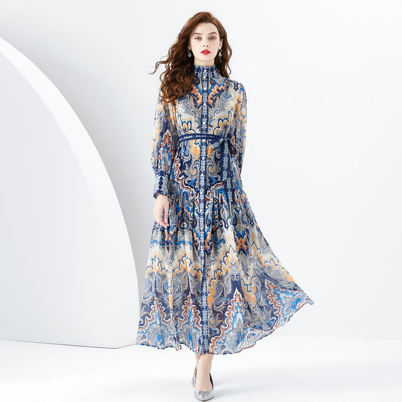 CM-DY001106 Women Retro European Style Stand Collar Lantern Sleeve Maxi Dress