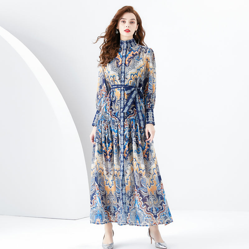 CM-DY001106 Women Retro European Style Stand Collar Lantern Sleeve Maxi Dress