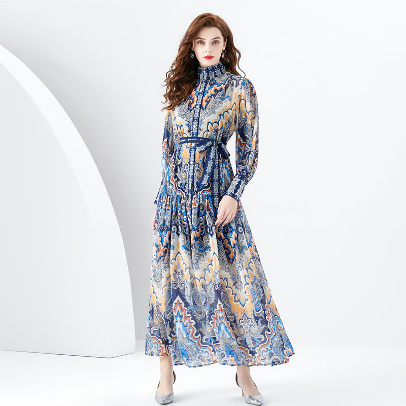 CM-DY001106 Women Retro European Style Stand Collar Lantern Sleeve Maxi Dress